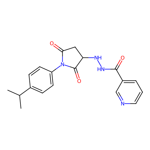 N'-[2,5-dioxo-1-(4-propan-2-ylphenyl)pyrrolidin-3-yl]pyridine-3-carbohydrazide structure
