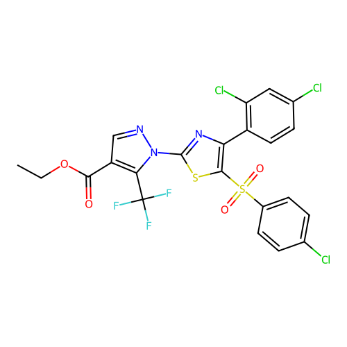 ethyl 1-[5-[(4-chlorophenyl)sulfonyl]-4-(2,4-dichlorophenyl)-1,3-thiazol-2-yl]-5-(trifluoromethyl)-1H-pyrazole-4-carboxylate structure