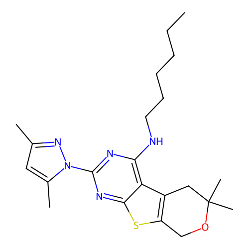2-(3,5-dimethyl-1H-pyrazol-1-yl)-N-hexyl-6,6-dimethyl-5,8-dihydro-6H-pyrano[4',3':4,5]thieno[2,3-d]pyrimidin-4-amine structure