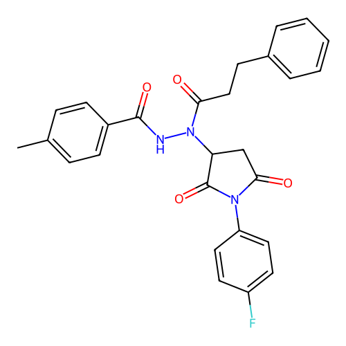 N'-[1-(4-fluorophenyl)-2,5-dioxopyrrolidin-3-yl]-4-methyl-N'-(3-phenylpropanoyl)benzohydrazide structure