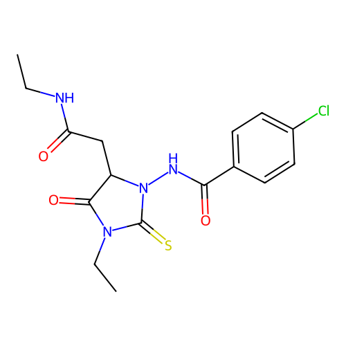 4-chloro-N-{3-ethyl-5-[2-(ethylamino)-2-oxoethyl]-4-oxo-2-thioxoimidazolidin-1-yl}benzamide structure