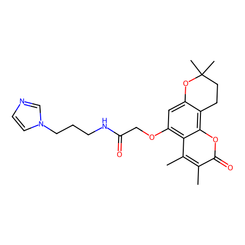 N-(3-(1H-imidazol-1-yl)propyl)-2-((3,4,8,8-tetramethyl-2-oxo-2,8,9,10-tetrahydropyrano[2,3-f]chromen-5-yl)oxy)acetamide structure