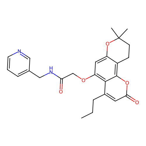 2-((8,8-dimethyl-2-oxo-4-propyl-2,8,9,10-tetrahydropyrano[2,3-f]chromen-5-yl)oxy)-N-(pyridin-3-ylmethyl)acetamide structure