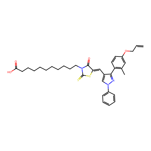 (Z)-11-(5-((3-(4-(allyloxy)-2-methylphenyl)-1-phenyl-1H-pyrazol-4-yl)methylene)-4-oxo-2-thioxothiazolidin-3-yl)undecanoic acid structure
