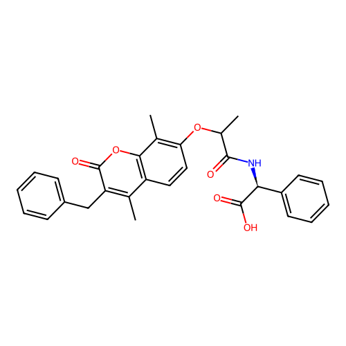 (2S)-2-(2-((3-benzyl-4,8-dimethyl-2-oxo-2H-chromen-7-yl)oxy)propanamido)-2-phenylacetic acid structure