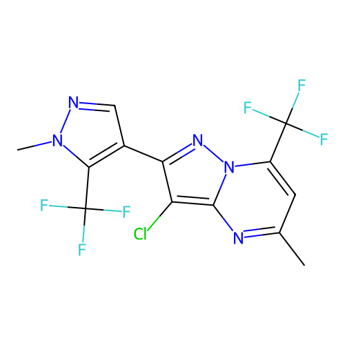 3-chloro-5-methyl-2-[1-methyl-5-(trifluoromethyl)-1H-pyrazol-4-yl]-7-(trifluoromethyl)pyrazolo[1,5-a]pyrimidine structure