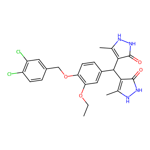 4,4'-({4-[(3,4-dichlorobenzyl)oxy]-3-ethoxyphenyl}methanediyl)bis(3-methyl-1H-pyrazol-5-ol) structure