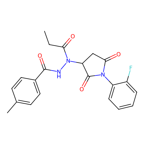 N'-[1-(2-fluorophenyl)-2,5-dioxopyrrolidin-3-yl]-4-methyl-N'-propanoylbenzohydrazide structure