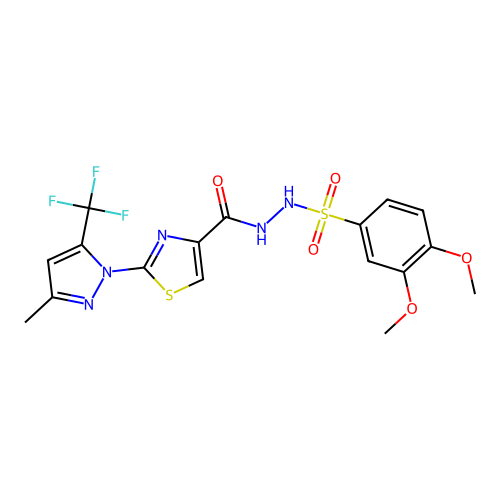 3,4-dimethoxy-N'-({2-[3-methyl-5-(trifluoromethyl)-1H-pyrazol-1-yl]-1,3-thiazol-4-yl}carbonyl)benzenesulfonohydrazide structure