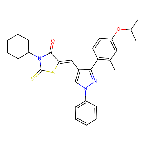 (5Z)-3-cyclohexyl-5-({3-[2-methyl-4-(propan-2-yloxy)phenyl]-1-phenyl-1H-pyrazol-4-yl}methylidene)-2-thioxo-1,3-thiazolidin-4-one structure