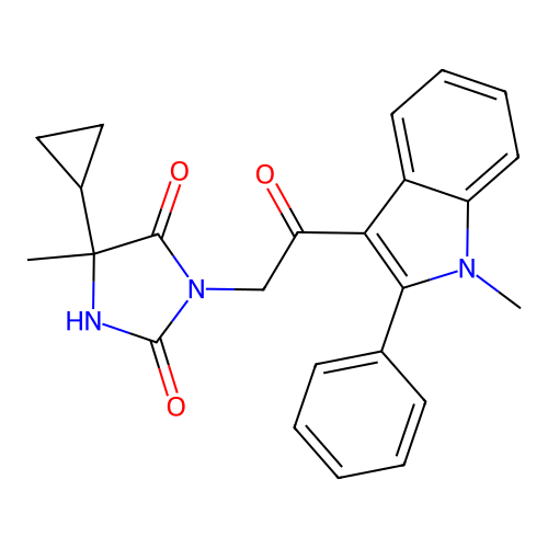 5-cyclopropyl-5-methyl-3-[2-(1-methyl-2-phenyl-1H-indol-3-yl)-2-oxoethyl]imidazolidine-2,4-dione structure