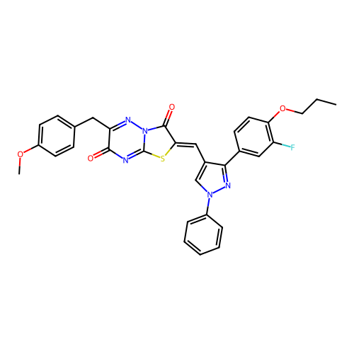 (2Z)-2-{[3-(3-fluoro-4-propoxyphenyl)-1-phenyl-1H-pyrazol-4-yl]methylidene}-6-(4-methoxybenzyl)-7H-[1,3]thiazolo[3,2-b][1,2,4]triazine-3,7(2H)-dione structure