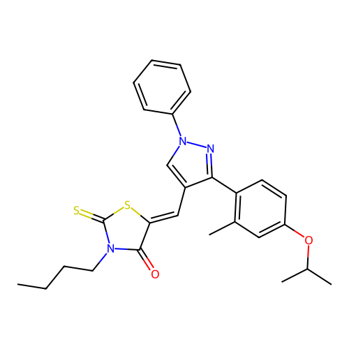 (5Z)-3-butyl-5-({3-[2-methyl-4-(propan-2-yloxy)phenyl]-1-phenyl-1H-pyrazol-4-yl}methylidene)-2-thioxo-1,3-thiazolidin-4-one structure