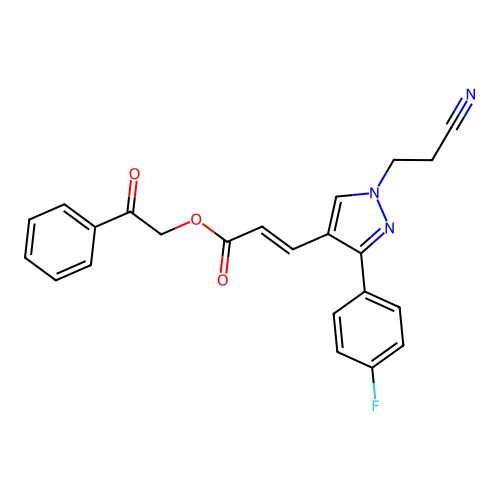 phenacyl (E)-3-[1-(2-cyanoethyl)-3-(4-fluorophenyl)pyrazol-4-yl]prop-2-enoate structure