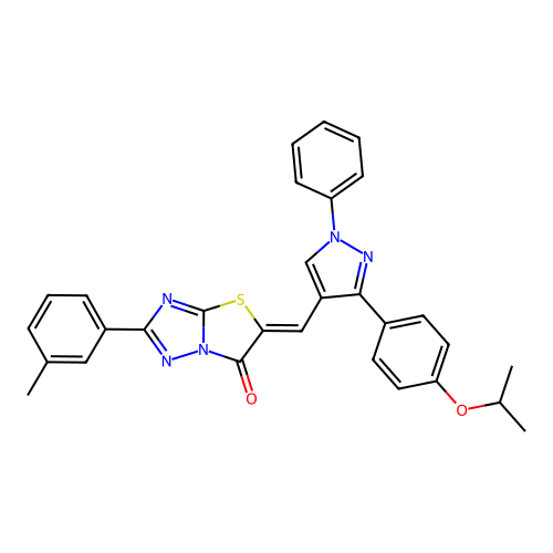 (5Z)-2-(3-methylphenyl)-5-({1-phenyl-3-[4-(propan-2-yloxy)phenyl]-1H-pyrazol-4-yl}methylidene)[1,3]thiazolo[3,2-b][1,2,4]triazol-6(5H)-one structure