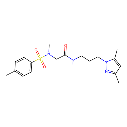 N-[3-(3,5-dimethylpyrazol-1-yl)propyl]-2-[methyl-(4-methylphenyl)sulfonylamino]acetamide structure