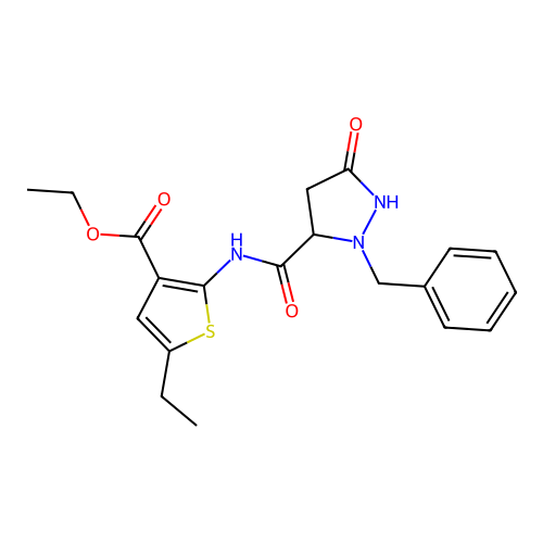 ethyl 2-[(2-benzyl-5-oxopyrazolidine-3-carbonyl)amino]-5-ethylthiophene-3-carboxylate structure