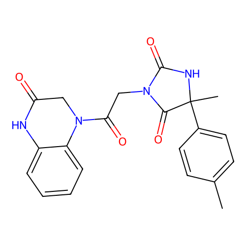 5-methyl-5-(4-methylphenyl)-3-[2-oxo-2-(3-oxo-2,4-dihydroquinoxalin-1-yl)ethyl]imidazolidine-2,4-dione structure