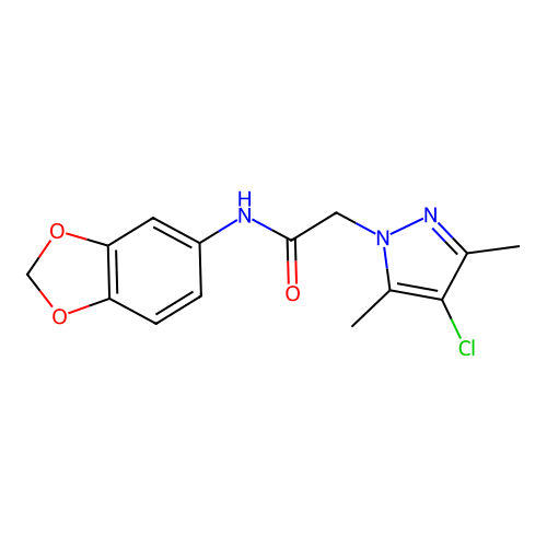 N-(1,3-benzodioxol-5-yl)-2-(4-chloro-3,5-dimethylpyrazol-1-yl)acetamide structure