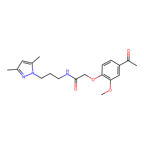2-(4-acetyl-2-methoxyphenoxy)-N-[3-(3,5-dimethylpyrazol-1-yl)propyl]acetamide structure