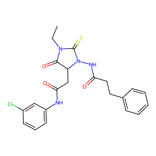 N-(5-{2-[(3-chlorophenyl)amino]-2-oxoethyl}-3-ethyl-4-oxo-2-thioxoimidazolidin-1-yl)-3-phenylpropanamide structure