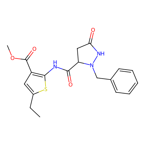 methyl 2-[(2-benzyl-5-oxopyrazolidine-3-carbonyl)amino]-5-ethylthiophene-3-carboxylate structure