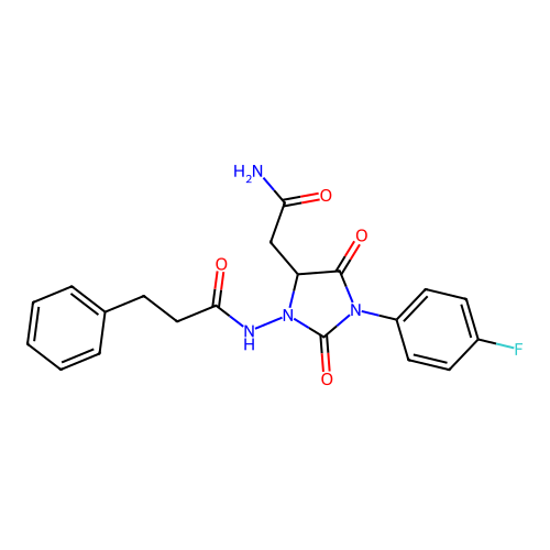 N-[5-(2-amino-2-oxoethyl)-3-(4-fluorophenyl)-2,4-dioxoimidazolidin-1-yl]-3-phenylpropanamide structure