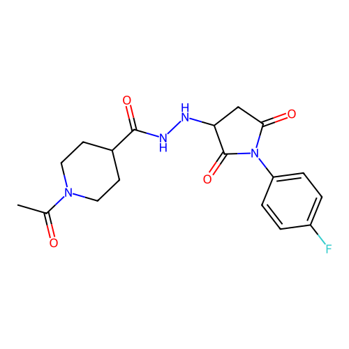 1-acetyl-N'-[1-(4-fluorophenyl)-2,5-dioxopyrrolidin-3-yl]piperidine-4-carbohydrazide structure