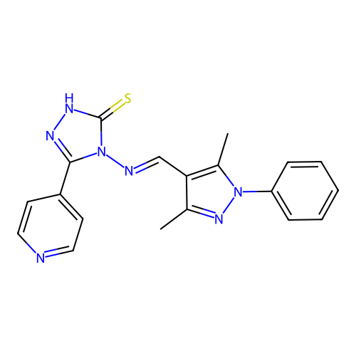 4-[(E)-(3,5-dimethyl-1-phenylpyrazol-4-yl)methylideneamino]-3-pyridin-4-yl-1H-1,2,4-triazole-5-thione structure
