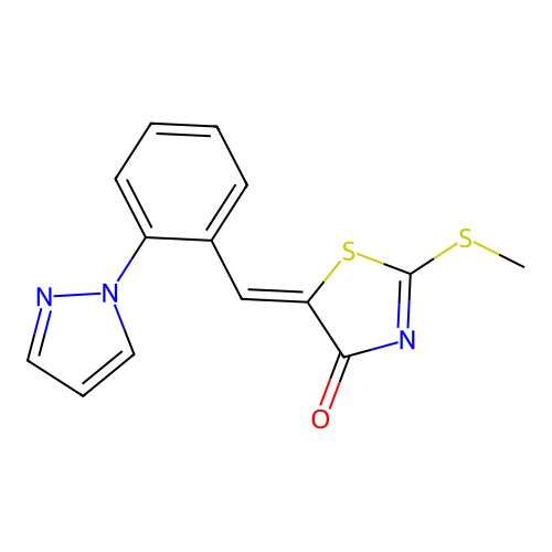 2-Methylsulfanyl-5-[(2-pyrazol-1-ylphenyl)methylidene]-1,3-thiazol-4-one structure