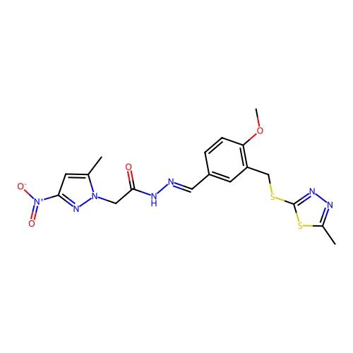 (E)-N'-(4-methoxy-3-(((5-methyl-1,3,4-thiadiazol-2-yl)thio)methyl)benzylidene)-2-(5-methyl-3-nitro-1H-pyrazol-1-yl)acetohydrazide structure
