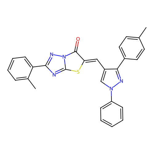 (5Z)-2-(2-methylphenyl)-5-{[3-(4-methylphenyl)-1-phenyl-1H-pyrazol-4-yl]methylidene}[1,3]thiazolo[3,2-b][1,2,4]triazol-6(5H)-one structure