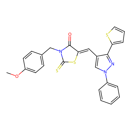 (5Z)-3-(4-methoxybenzyl)-5-{[1-phenyl-3-(thiophen-2-yl)-1H-pyrazol-4-yl]methylidene}-2-thioxo-1,3-thiazolidin-4-one structure