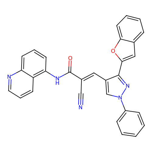 3-[3-(1-benzofuran-2-yl)-1-phenyl-1H-pyrazol-4-yl]-2-cyano-N-(quinolin-5-yl)prop-2-enamide structure