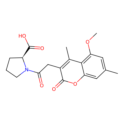 1-[(5-methoxy-4,7-dimethyl-2-oxo-2H-chromen-3-yl)acetyl]-L-proline structure