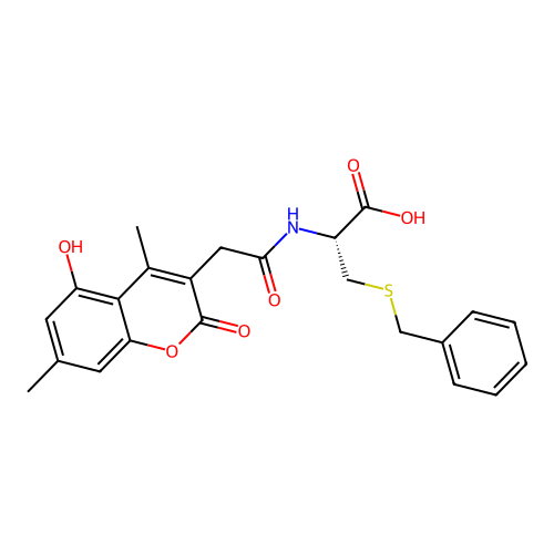 (R)-3-(benzylthio)-2-(2-(5-hydroxy-4,7-dimethyl-2-oxo-2H-chromen-3-yl)acetamido)propanoic acid structure
