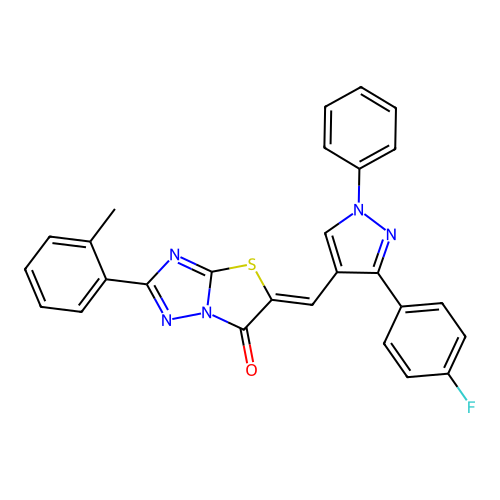 (5Z)-5-{[3-(4-fluorophenyl)-1-phenyl-1H-pyrazol-4-yl]methylidene}-2-(2-methylphenyl)[1,3]thiazolo[3,2-b][1,2,4]triazol-6(5H)-one structure