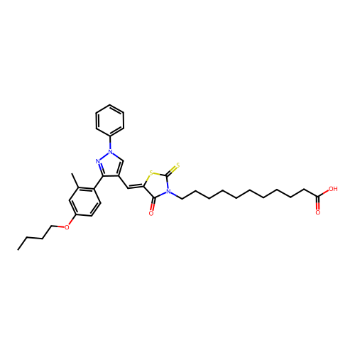 (Z)-11-(5-((3-(4-butoxy-2-methylphenyl)-1-phenyl-1H-pyrazol-4-yl)methylene)-4-oxo-2-thioxothiazolidin-3-yl)undecanoic acid structure