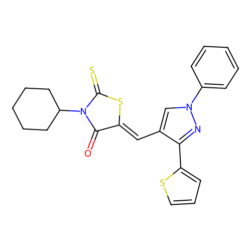 4-Thiazolidinone, 3-cyclohexyl-5-[[1-phenyl-3-(2-thienyl)-1H-pyrazol-4-yl]methylene]-2-thioxo-, (5Z)- structure
