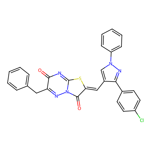 (2Z)-2-[[3-(4-Chlorophenyl)-1-phenyl-1H-pyrazol-4-yl]methylene]-6-(phenylmethyl)-7H-thiazolo[3,2-b][1,2,4]triazine-3,7(2H)-dione structure