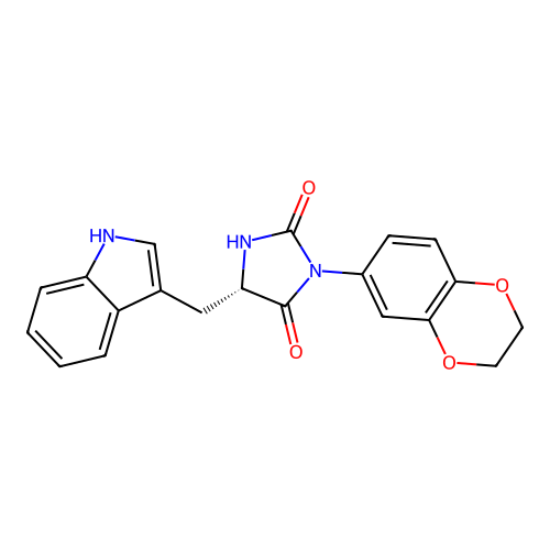 (5S)-3-(2,3-dihydro-1,4-benzodioxin-6-yl)-5-(1H-indol-3-ylmethyl)imidazolidine-2,4-dione structure