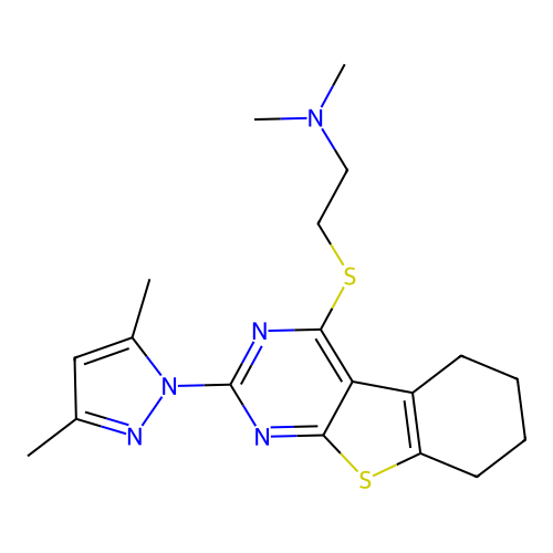 {2-[2-(3,5-Dimethyl-pyrazol-1-yl)-5,6,7,8-tetrahydro-benzo[4,5]thieno[2,3-d]pyrimidin-4-ylsulfanyl]-ethyl}- dimethyl-amine structure