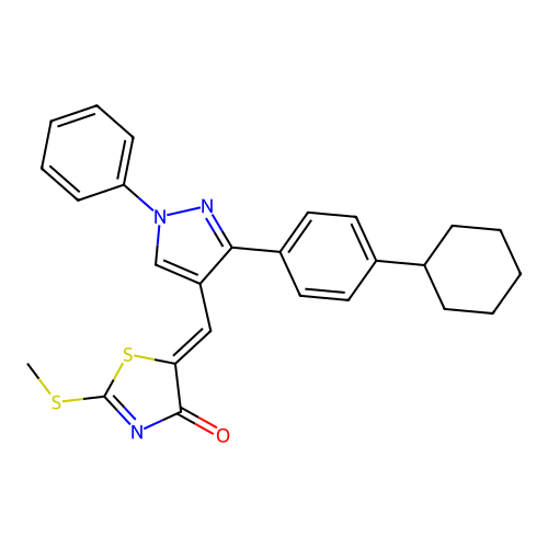 5-[[3-(4-cyclohexylphenyl)-1-phenyl-pyrazol-4-yl]methylidene]-2-methylsulfanyl-1,3-thiazol-4-one structure