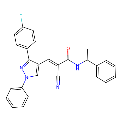 (2E)-2-cyano-3-[3-(4-fluorophenyl)-1-phenyl-1H-pyrazol-4-yl]-N-(1-phenylethyl)prop-2-enamide structure