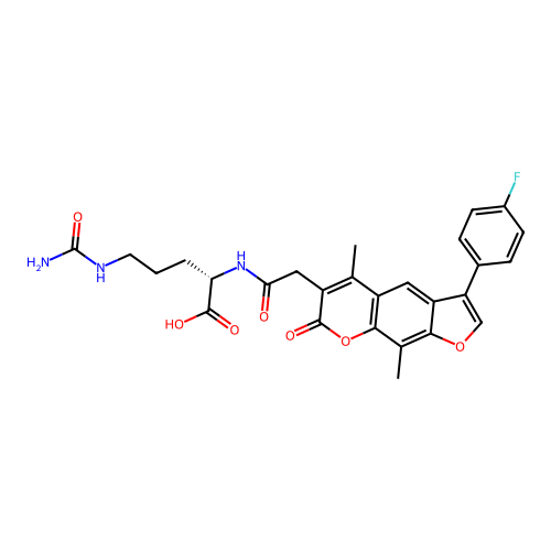 (2S)-5-(carbamoylamino)-2-[[2-[3-(4-fluorophenyl)-5,9-dimethyl-7-oxofuro[3,2-g]chromen-6-yl]acetyl]amino]pentanoic acid structure
