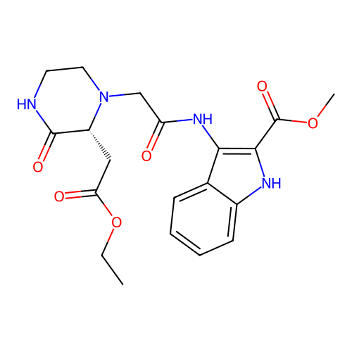 (R)-methyl 3-(2-(2-(2-ethoxy-2-oxoethyl)-3-oxopiperazin-1-yl)acetamido)-1H-indole-2-carboxylate structure