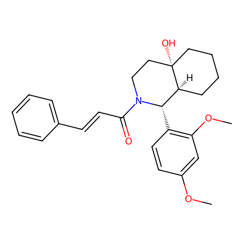 (E)-1-[(1R,4aS,8aS)-1-(2,4-dimethoxyphenyl)-4a-hydroxy-1,3,4,5,6,7,8,8a-octahydroisoquinolin-2-yl]-3-phenylprop-2-en-1-one structure