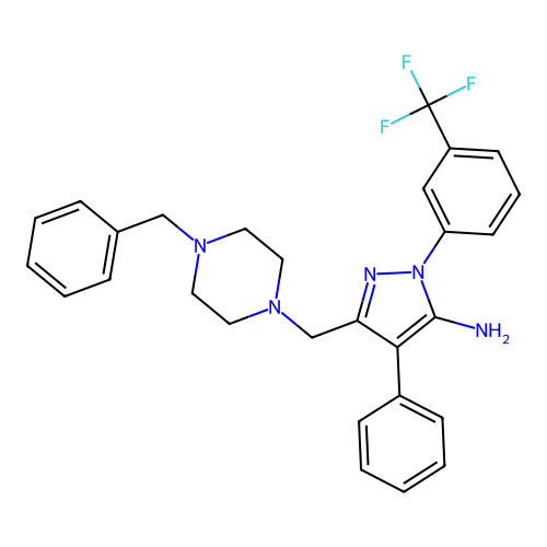 3-[(4-Benzylpiperazin-1-yl)methyl]-4-phenyl-1-[3-(trifluoromethyl)phenyl]-1H-pyrazol-5-amine structure