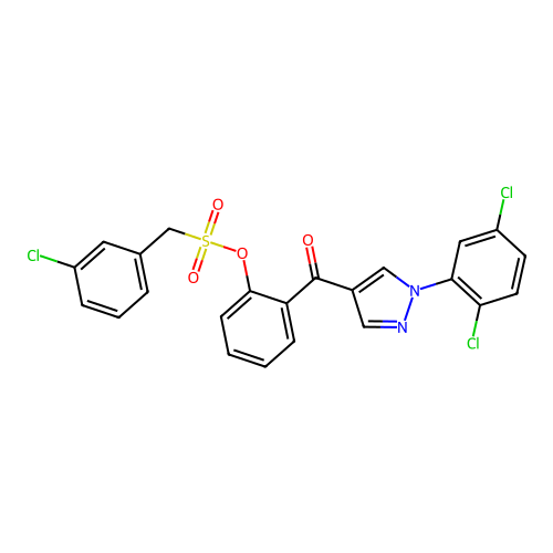 2-{[1-(2,5-dichlorophenyl)-1H-pyrazol-4-yl]carbonyl}phenyl (3-chlorophenyl)methanesulfonate structure