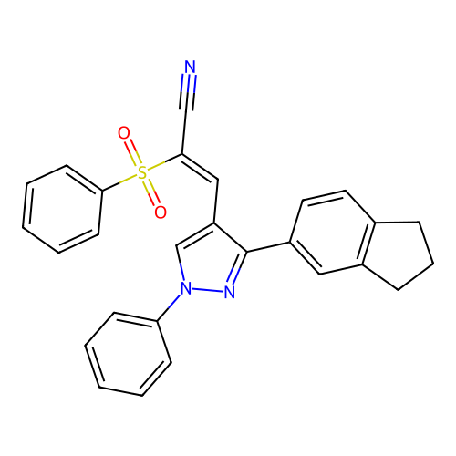 2-(benzenesulfonyl)-3-[3-(2,3-dihydro-1H-inden-5-yl)-1-phenyl-pyrazol-4-yl]prop-2-enenitrile structure